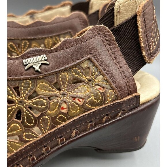 Pikolinos Women’s Romana‎ Shoes Sz 36 Brown Leather Flower Cutout Slingback - Picture 2 of 8